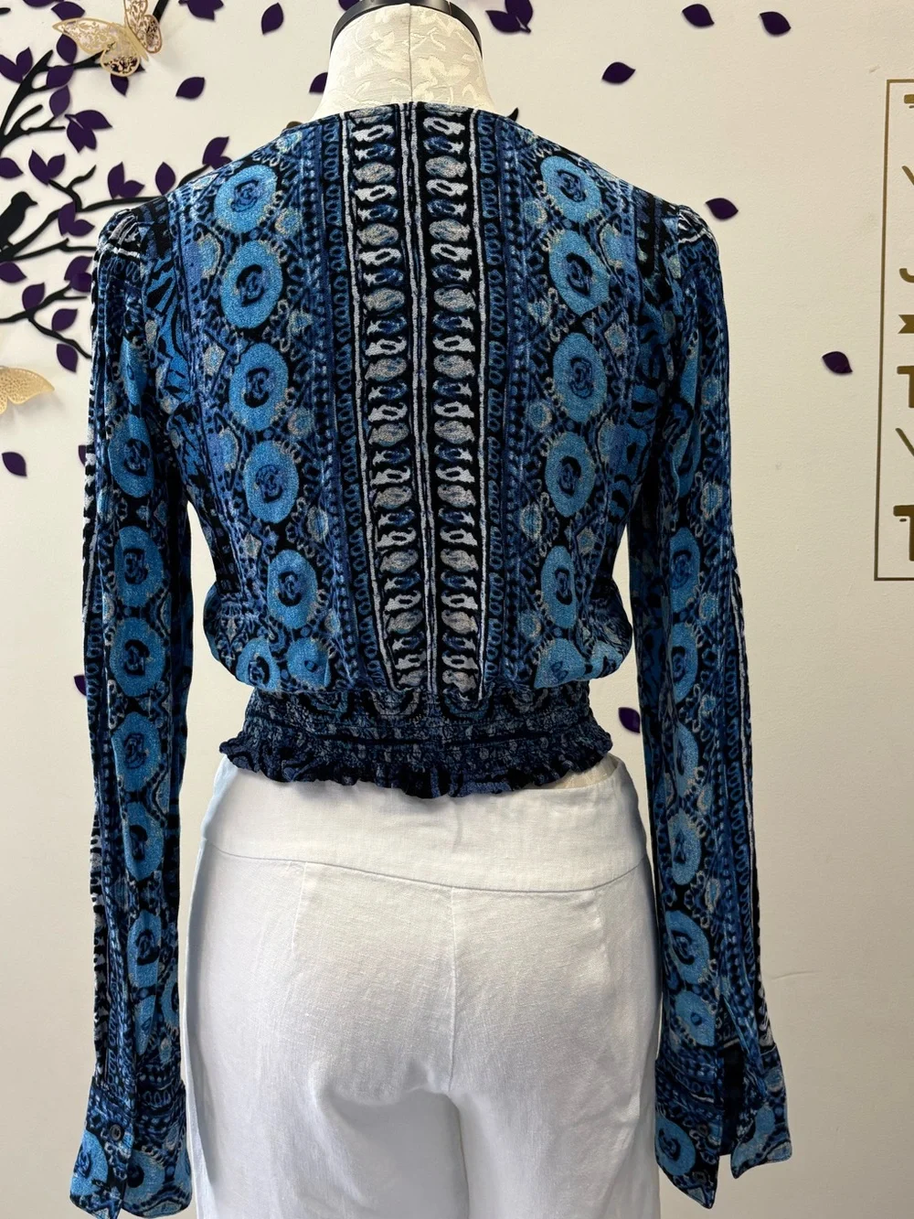 Free People Blue Paisley V-Neck Long Sleeve Top XS